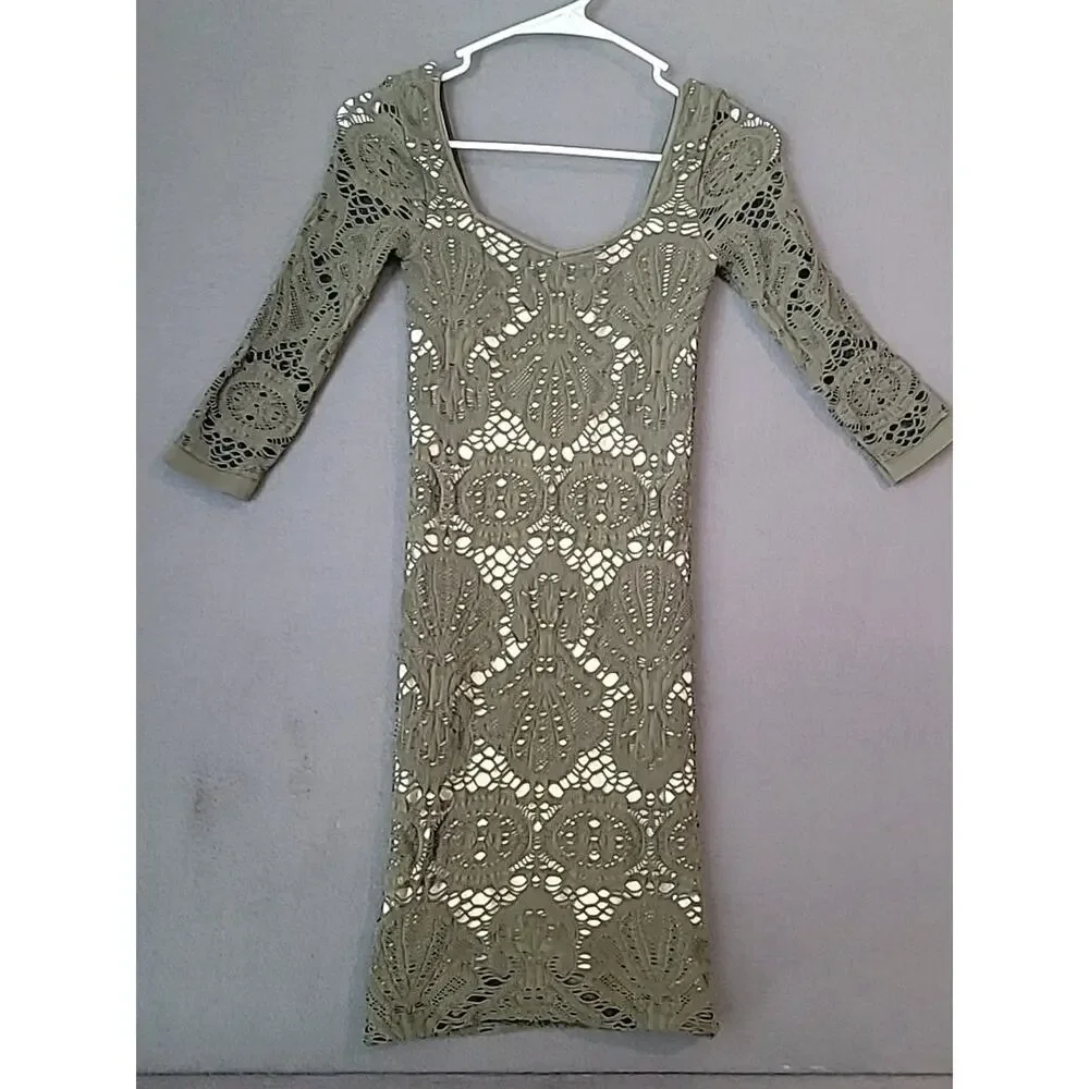 Free People Intimately Green Crochet Long Sleeve Bodycon Mini Dress XS Romantic